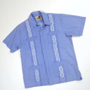 Haband Genuine Guayabera Blue Striped Mens Short Sleeved Cuban Shirt M